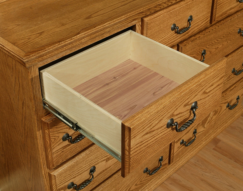 Traditional Oak 9-Drawer Dresser & Mirror Set