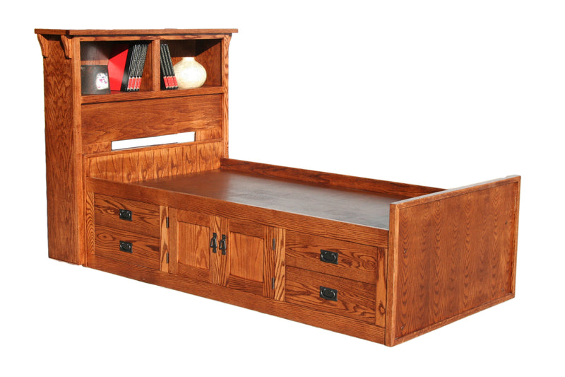 Mission Oak Kids TWIN Chest Bed with built-in storage drawers and bookshelf headboard in solid oak. Features Mission-style hardware and no assembly needed.