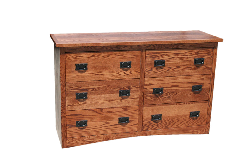 Mission Oak Kids 6-Drawer Dresser with black horizontal drawer pulls and solid oak construction. Features Mission-style design and handcrafted finish.