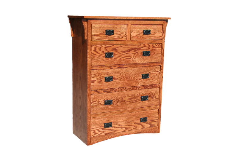 Mission Oak 6-Drawer Gentleman's Dresser with black metal hardware and vertical design, crafted in real oak wood with Mission-style simplicity.