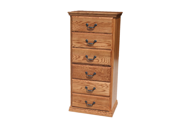 Traditional Oak 6-Drawer Lingerie Chest with elegant wood grain finish and antique-style metal handles. Ideal for bedroom storage and classic decor.